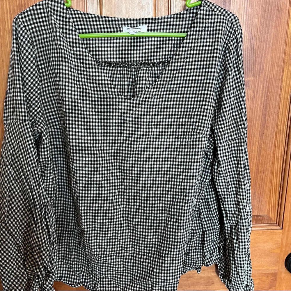mittoshop cotton black and white gingham top with tie cuffs